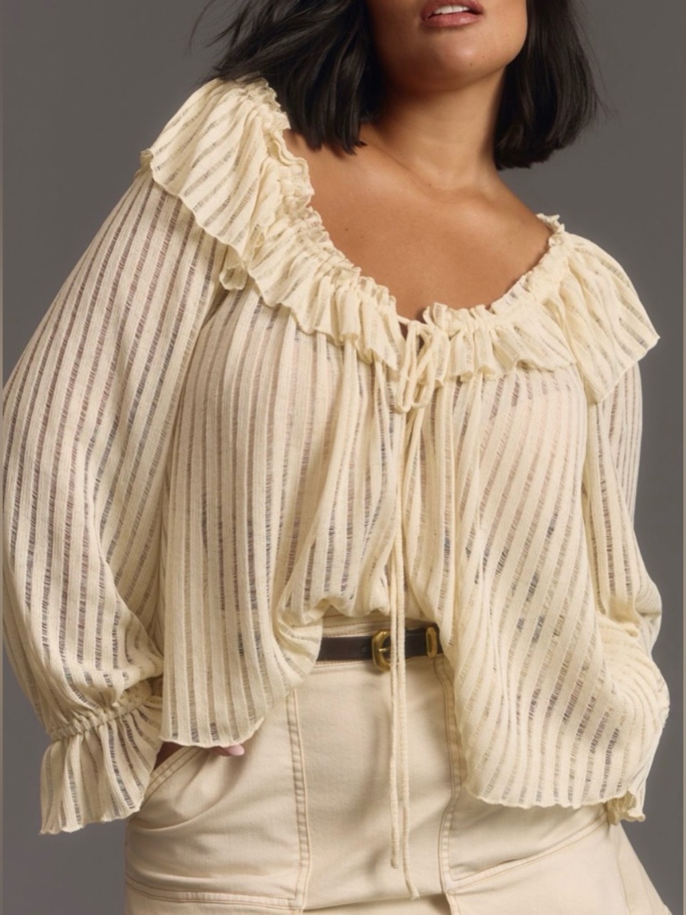 Anthropologie Long-Sleeve Sheer Striped Crop Blouse